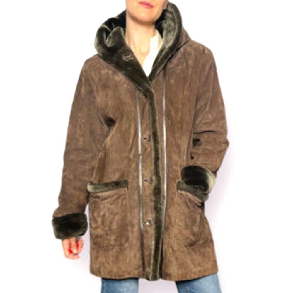 Fitz Wright Genuine Leather Faux Fur Hooded Coat XL | Vintage Winter Jacket